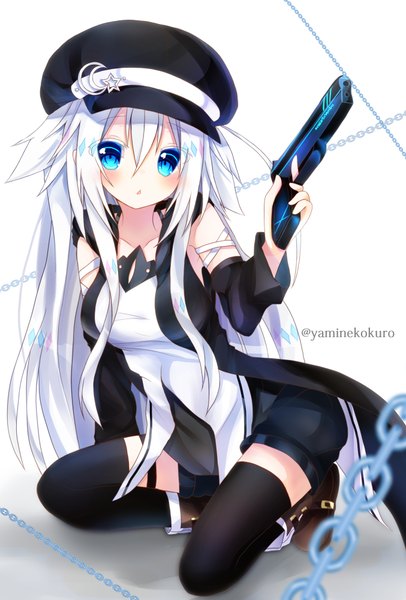 Anime picture 677x1000 with original luna shuverutse yamine kuro single long hair tall image looking at viewer blush fringe breasts open mouth blue eyes simple background hair between eyes white background holding signed full body bent knee (knees) white hair