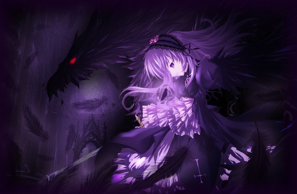 Anime picture 1647x1080 with rozen maiden suigintou single long hair red eyes white hair official art wallpaper black wings lolita fashion goth-loli girl dress wings frills headdress feather (feathers)