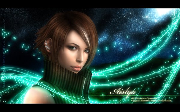 Anime picture 1280x800 with original aislya lyzeravern single short hair brown hair wide image green eyes lips realistic inscription portrait light letterboxed girl earrings star (stars)