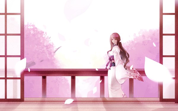 Anime picture 1340x840 with original hiz (pixiv) long hair wide image japanese clothes cherry blossoms petals