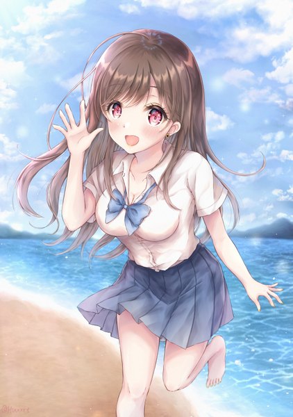 Anime picture 1174x1670 with original kirameki no hiroto single long hair tall image looking at viewer blush fringe breasts open mouth smile hair between eyes red eyes brown hair standing signed sky cleavage cloud (clouds) bent knee (knees)