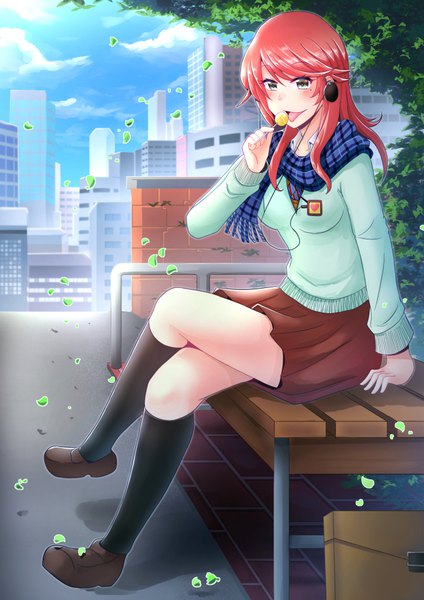 Anime picture 707x1000 with kimi no iru machi eba rin arkfield single long hair tall image blush fringe breasts open mouth blue eyes hair between eyes sitting holding payot sky cloud (clouds) full body bent knee (knees) outdoors