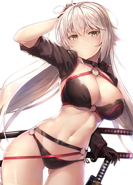 Anime picture 1100x1536 with fate (series) fate/grand order jeanne d'arc (fate) (all) jeanne d'arc alter (fate) jeanne d'arc alter (swimsuit berserker) (fate) motokonut single long hair tall image looking at viewer blush fringe breasts light erotic simple background hair between eyes large breasts white background yellow eyes payot