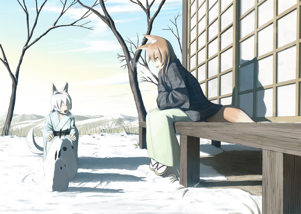 Anime picture 1500x1071 with sakais3211 long hair open mouth smile brown hair sitting multiple girls brown eyes animal ears white hair tail eyes closed japanese clothes animal tail shadow fox ears fox tail winter snow exhalation