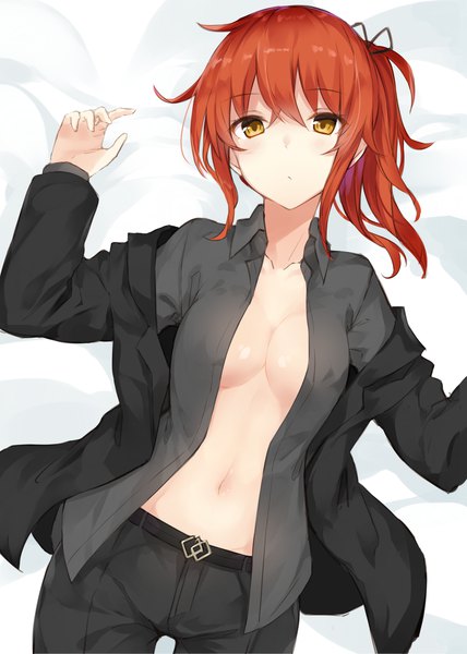 Anime picture 857x1200 with fate (series) fate/grand order fujimaru ritsuka (female) takehana note single tall image fringe short hair breasts light erotic hair between eyes large breasts yellow eyes red hair lying no bra open shirt side ponytail girl navel