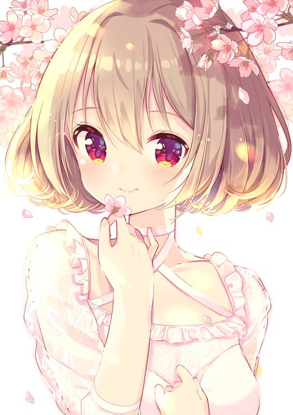 Anime picture 2893x4092 with original ikari (aor3507) single tall image looking at viewer blush fringe highres short hair blonde hair smile hair between eyes red eyes white background holding upper body arm up lips shadow short sleeves