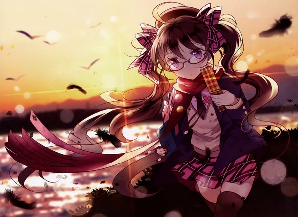 Anime picture 3326x2433 with touhou himekaidou hatate domotolain single long hair highres brown hair twintails purple eyes absurdres ahoge outdoors pleated skirt open clothes depth of field zettai ryouiki lens flare evening sunset girl