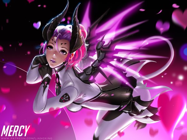 Anime picture 4000x3000 with overwatch blizzard entertainment mercy (overwatch) imp mercy liang xing single looking at viewer fringe highres short hair light erotic hair between eyes signed pink hair absurdres full body tail parted lips pink eyes multicolored hair