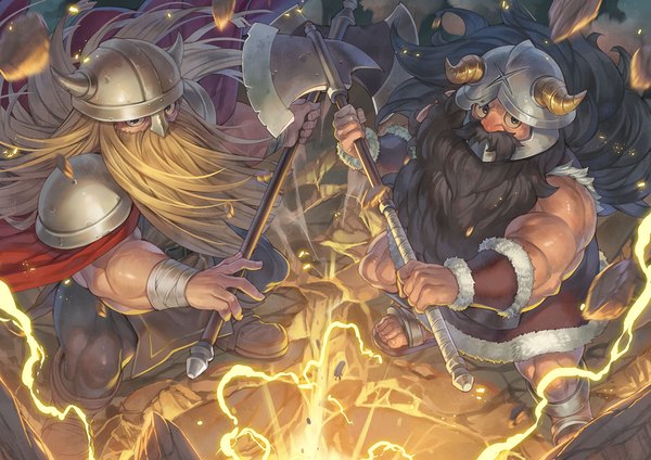 Anime picture 1433x1013 with sousou no frieren dungeon meshi studio trigger eisen (sousou no frieren) senshi (dungeon meshi) hagure keg long hair looking at viewer black hair blonde hair from above multiple boys muscle crossover season connection boy weapon 2 boys helmet beard