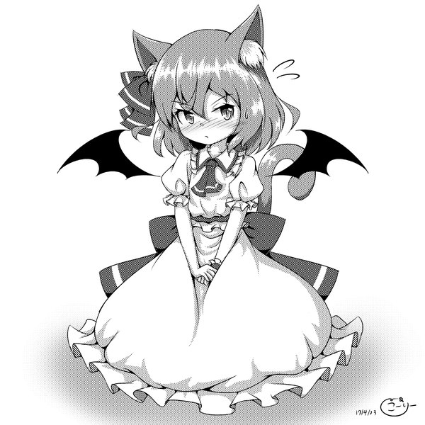 Anime picture 3376x3376 with touhou remilia scarlet coreytaiyo single looking at viewer blush fringe highres short hair simple background hair between eyes white background signed animal ears absurdres tail animal tail cat ears short sleeves cat girl