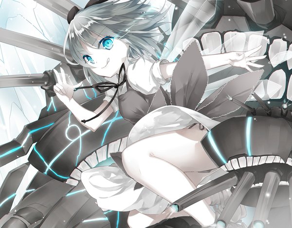 Anime picture 1055x827 with kantai collection touhou cirno shiyun single looking at viewer fringe short hair blue eyes light erotic smile blue hair bare legs puffy sleeves jumping :q girl weapon wings tongue
