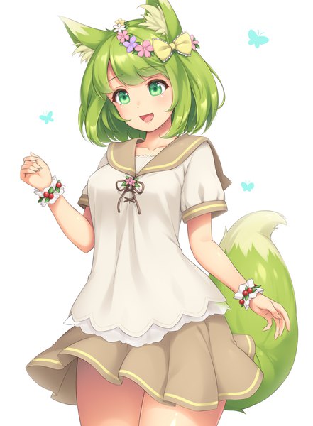 Anime-Bild 750x1020 mit original sasaame single tall image looking at viewer blush fringe short hair open mouth simple background smile standing white background green eyes animal ears tail :d animal tail green hair short sleeves