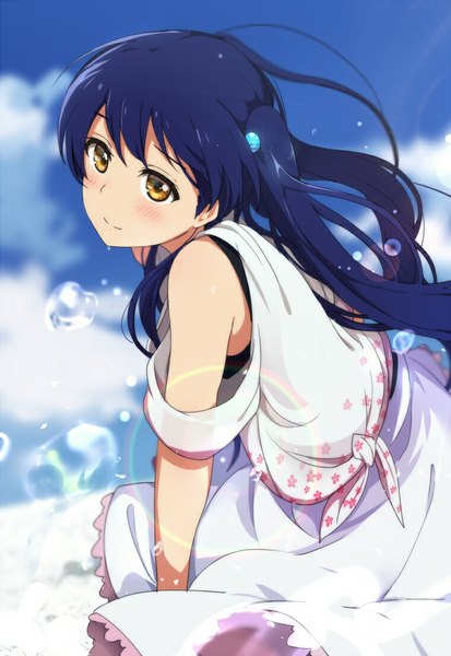 Anime picture 758x1100 with love live! school idol project sunrise (studio) love live! sonoda umi ogipote single long hair tall image blush brown eyes blue hair sky cloud (clouds) girl dress bubble (bubbles)