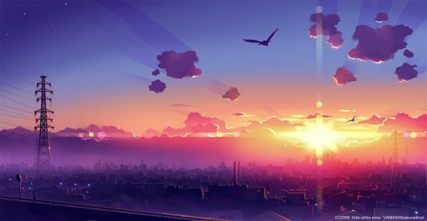 Anime picture 1909x992 with original vania600 highres wide image cloud (clouds) city evening sunset cityscape panorama animal bird (birds)