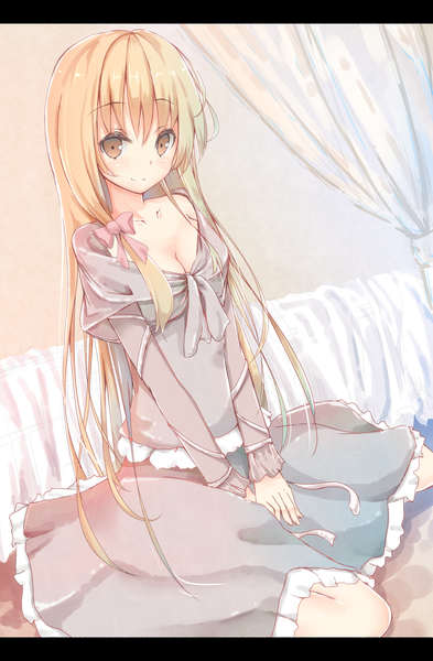 Anime picture 1020x1557 with original shirotaso0818 single tall image looking at viewer blush blonde hair sitting brown eyes cleavage light smile letterboxed girl bow hair bow frills curtains