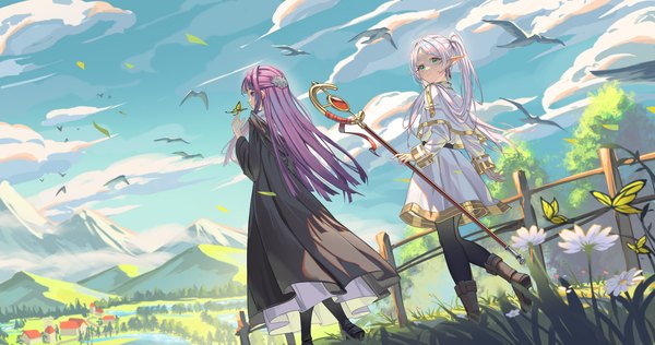 Anime picture 4096x2155 with sousou no frieren frieren fern (sousou no frieren) al guang long hair fringe highres wide image purple eyes twintails multiple girls holding green eyes looking away absurdres sky silver hair purple hair cloud (clouds) outdoors