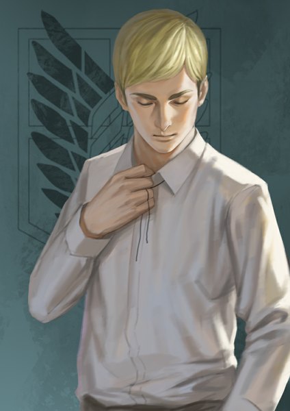 Anime picture 827x1169 with shingeki no kyojin production i.g erwin smith xiongmaotao single tall image short hair simple background blonde hair eyes closed head tilt open shirt eyebrows hand in pocket boy shirt white shirt coat of arms