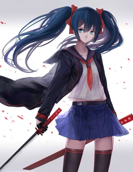 Anime picture 1000x1290 with vocaloid hatsune miku echj single long hair tall image looking at viewer fringe blue eyes standing twintails blue hair pleated skirt wind open clothes open jacket girl thighhighs skirt gloves