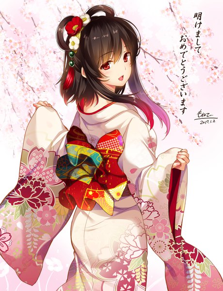Anime picture 1305x1700 with flower knight girl poppy (flower knight girl) moneti (daifuku) single tall image looking at viewer blush fringe open mouth black hair smile hair between eyes red eyes standing white background signed payot long sleeves nail polish traditional clothes