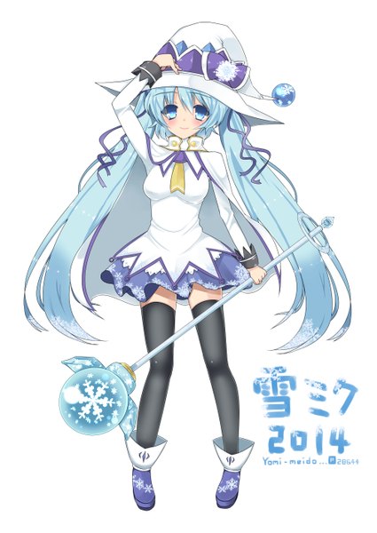 Anime picture 1003x1416 with vocaloid suki! yuki! maji magic (vocaloid) hatsune miku yuki miku yuki miku (2014) meido yomi single long hair tall image blush blue eyes white background twintails blue hair witch girl thighhighs dress black thighhighs witch hat