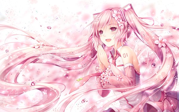 Anime picture 1280x800 with vocaloid hatsune miku sakura miku tidsean single blush open mouth twintails bare shoulders pink hair very long hair pink eyes hair flower tears girl hair ornament flower (flowers) detached sleeves petals