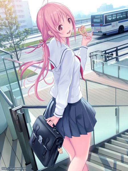 Anime picture 600x800 with ilog sakuragi kokoro mana kakkowarai single long hair tall image blush open mouth pink hair pink eyes looking back girl skirt uniform plant (plants) shirt tree (trees) serafuku school bag ground vehicle