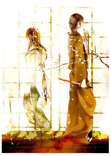 Anime picture 2432x3397 with original kaninnvven long hair tall image highres short hair red eyes brown hair eyes closed traditional clothes japanese clothes profile scan couple back to back girl boy weapon kimono blood