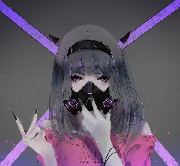Anime picture 4000x3700 with original aoi ogata single looking at viewer fringe highres short hair simple background purple eyes absurdres nail polish horn (horns) fingernails grey hair grey background black nail polish girl respirator
