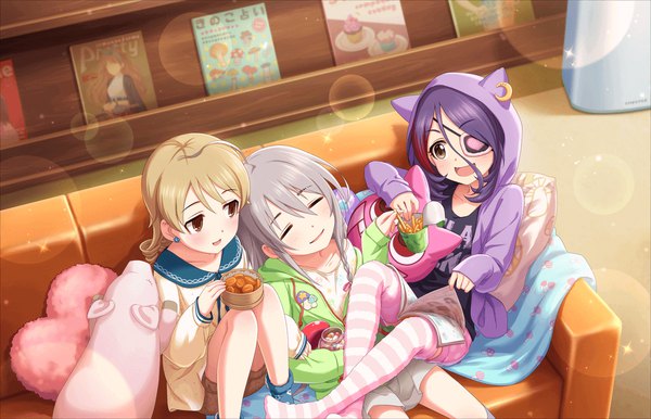 Anime picture 1280x824 with idolmaster idolmaster cinderella girls idolmaster cinderella girls starlight stage hoshi syoko hayasaka mirei morikubo nono annindoufu (oicon) long hair looking at viewer blush fringe short hair open mouth blonde hair smile hair between eyes sitting purple eyes multiple girls brown eyes