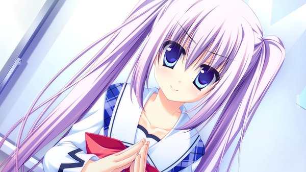 Anime picture 1024x576 with strawberry nauts kusunoki yao matsushita makako long hair looking at viewer blue eyes smile wide image twintails game cg purple hair loli girl uniform school uniform