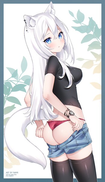 Anime picture 928x1600 with original nami (nyaa) single long hair tall image looking at viewer blush fringe breasts blue eyes light erotic hair between eyes large breasts standing signed animal ears payot ass white hair tail
