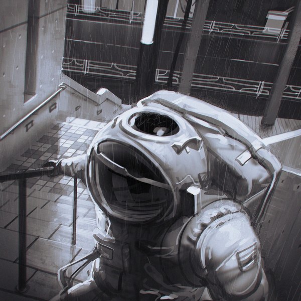 Anime picture 1080x1080 with original ilya kuvshinov single outdoors from above arm support monochrome reflection rain walking ambiguous gender stairs road spacesuit