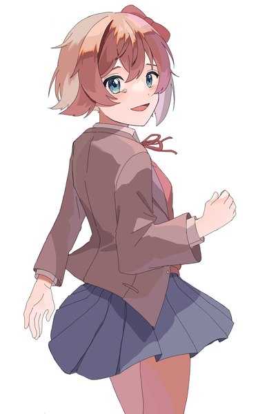 Anime picture 1332x2048 with doki doki literature club sayori (doki doki literature club) mitty3302004 single tall image looking at viewer blush fringe short hair open mouth blue eyes simple background smile hair between eyes brown hair standing white background long sleeves :d pleated skirt