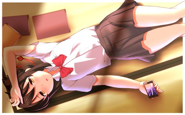 Anime picture 1280x800 with kimi no na wa miyamizu mitsuha twinpon single looking at viewer fringe short hair open mouth hair between eyes brown hair holding brown eyes indoors lying pleated skirt from above sunlight bare legs shadow short sleeves