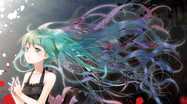 Anime picture 1339x745 with vocaloid acute (vocaloid) hatsune miku chikaya single wide image twintails bare shoulders looking away very long hair aqua eyes aqua hair wavy hair girl dress