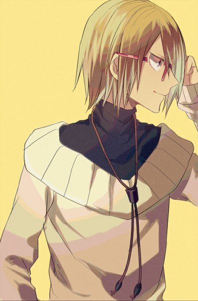 Anime picture 552x837 with yowamushi pedal aoyagi hajime ailm single tall image short hair simple background blonde hair looking away profile light smile grey eyes hand on hip yellow background bespectacled boy glasses sweater turtleneck