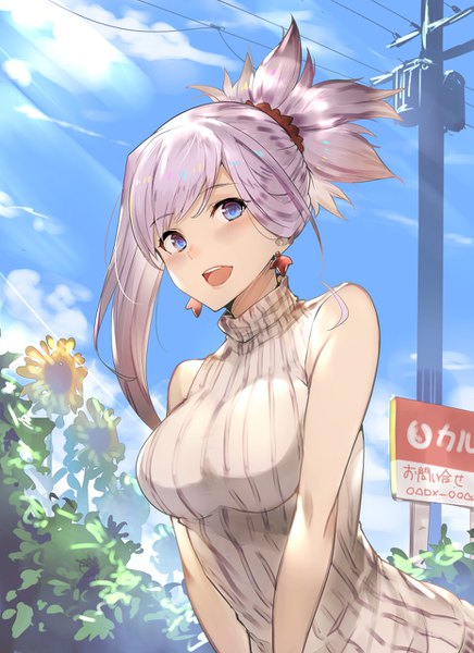 Anime picture 930x1280 with fate (series) fate/grand order miyamoto musashi (fate) arito arayuru single long hair tall image blush fringe breasts open mouth blue eyes smile hair between eyes bare shoulders sky silver hair cloud (clouds) upper body outdoors