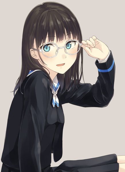 Anime picture 873x1200 with original hiwatari rin single long hair tall image looking at viewer blush fringe open mouth blue eyes simple background smile brown hair sitting upper body pleated skirt grey background adjusting glasses girl skirt