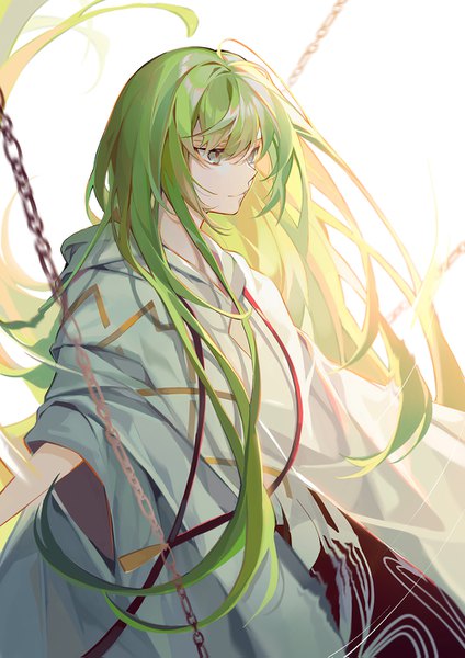 Anime picture 1000x1415 with fate (series) fate/grand order enkidu (fate) machi (7769) single tall image fringe hair between eyes looking away very long hair green hair grey eyes boy chain