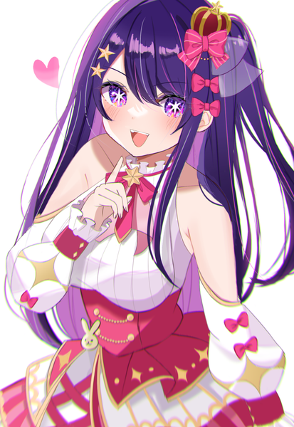 Anime picture 1409x2048 with oshi no ko hoshino ai (oshi no ko) shiro (dkau3374) single long hair tall image looking at viewer blush fringe breasts open mouth simple background smile white background purple eyes bare shoulders purple hair blunt bangs long sleeves :d