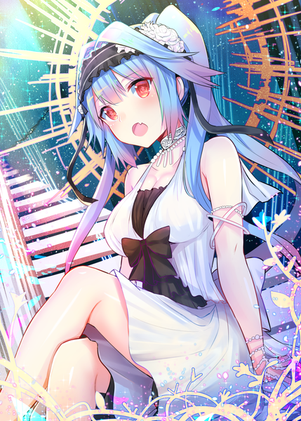 Anime picture 1000x1399 with fate (series) kantai collection fate/hollow ataraxia i-19 submarine euryale (fate) u rin single long hair tall image blush fringe breasts open mouth hair between eyes red eyes sitting twintails bare shoulders blue hair cleavage