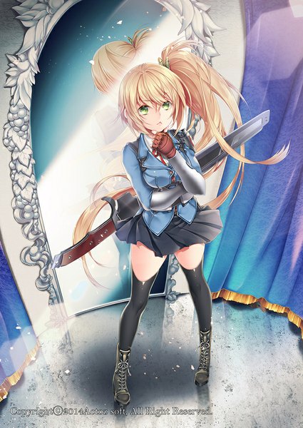 Anime picture 620x875 with million arthur (series) kaku-san-sei million arthur square enix arthur (techno smith) mirunai single long hair tall image looking at viewer blonde hair standing green eyes pleated skirt from above side ponytail reflection girl thighhighs skirt gloves