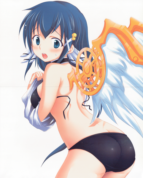 Anime picture 1800x2240 with sora no otoshimono kazane hiyori single long hair tall image looking at viewer blush highres open mouth blue eyes light erotic simple background white background bare shoulders blue hair ass looking back scan back arched back