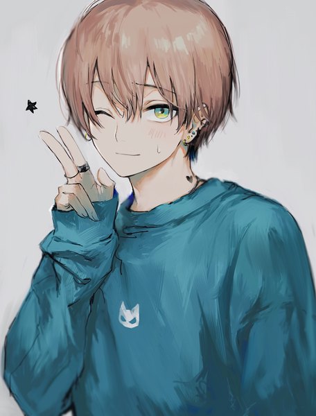Anime picture 2845x3740 with original suechiee single tall image looking at viewer fringe highres short hair hair between eyes brown hair green eyes upper body long sleeves one eye closed piercing sleeves past wrists victory ear piercing boy ring