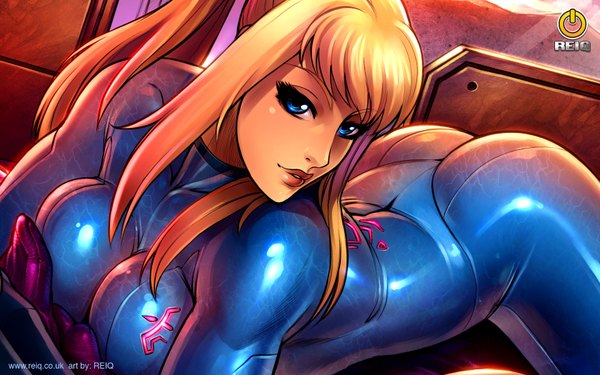 Anime picture 1680x1050 with metroid samus aran reiq (artist) breasts blue eyes light erotic blonde hair wide image ass lips huge breasts skin tight pilot suit zero suit
