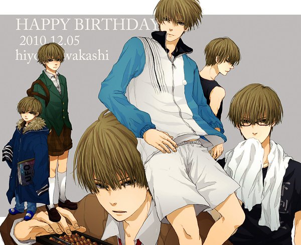 Anime picture 1050x858 with prince of tennis hiyoshi wakashi yuyjak short hair brown hair brown eyes profile inscription grey background character names happy birthday alternate age multiple persona younger towel around neck boy uniform socks glasses white socks