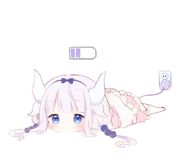 Anime picture 1700x1517 with kobayashi-san chi no maidragon kyoto animation kanna kamui ongyageum single long hair looking at viewer fringe blue eyes simple background white background twintails silver hair full body tail blunt bangs long sleeves horn (horns) loli no shoes
