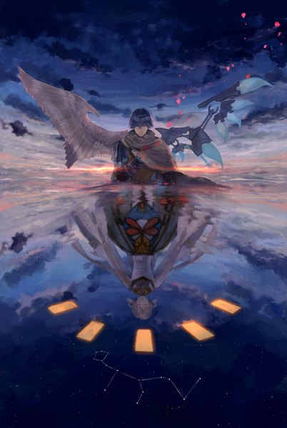 Anime picture 2254x3360 with baten kaitos kalas xelha vient tall image looking at viewer fringe highres short hair sitting blue hair sky cloud (clouds) eyes closed sunlight evening reflection sunset spread arms white wings