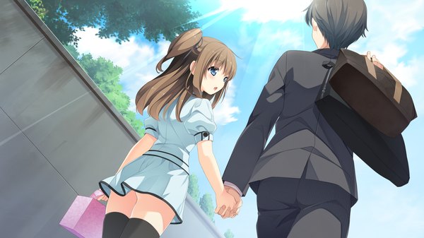 Anime picture 1920x1080 with berry's houkou yuuka sakura koharu long hair blush highres short hair blue eyes black hair brown hair wide image game cg couple holding hands girl thighhighs dress boy black thighhighs