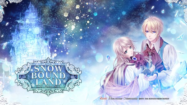 Anime picture 1920x1080 with snow bound land idea factory kai (snow bound land) gerda (snow bound land) looking at viewer fringe highres short hair blonde hair wide image green eyes sky very long hair scan inscription official art couple snowing snow girl